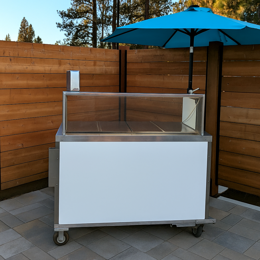 A stainless steel and white rolling gelato display cart with a clear glass front, set on a paved patio against a wooden fence with a blue patio umbrella overhead.