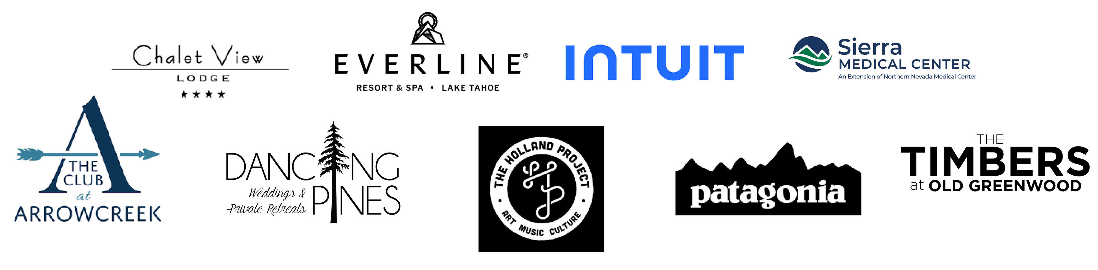 Logos of various companies including Chalet View Lodge, Everline Resort and Spa, Intuit, Sierra Medical Center, The Club at Arrowcreek, Dancing Pines Weddings and Private Events, The Holland Project, Patagonia, and The Timbers at old Greenwood.