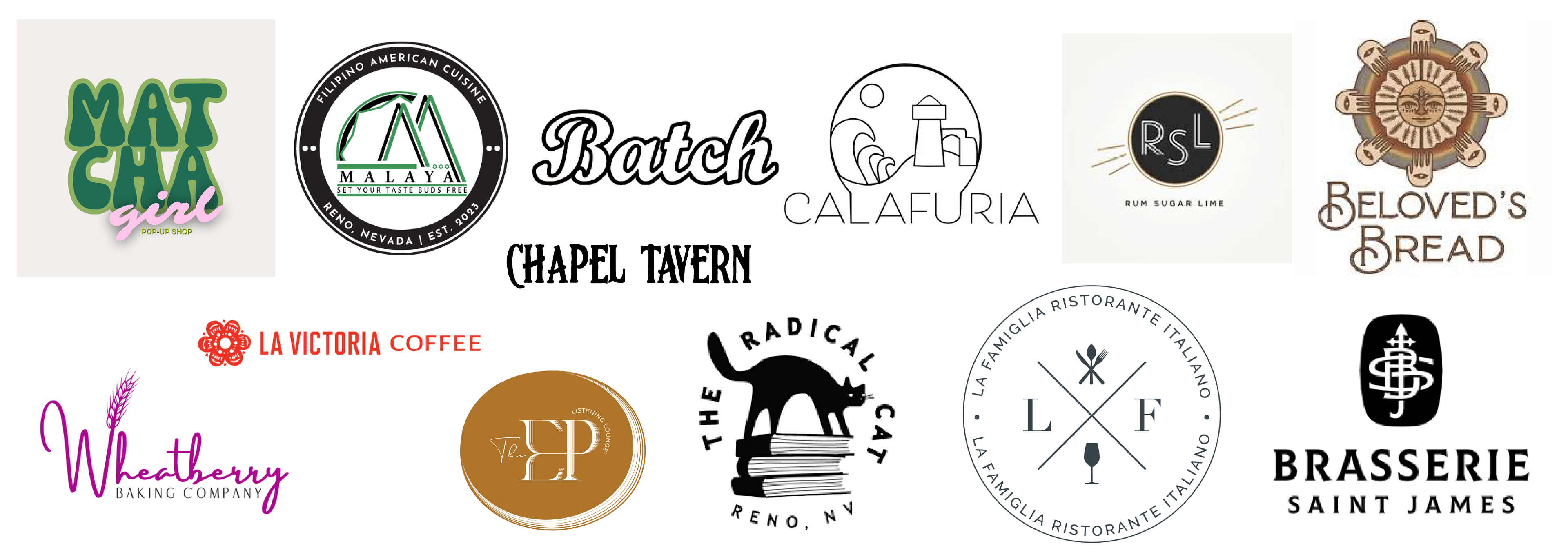 Images of various brand logos including Matcha Girl, Malaya, Batch Cupacakery, Chapel Tavern, Calafuria, Rum Sugar Lime, Beloved's Bread, Wheatberry Baking Company, La Victoria, The EP Listening Lounge, The Radical Cat, La Famiglia, and Brasserie Saint James