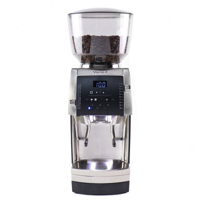 Baratza Vario+ coffee grinder with digital display and clear container on a white background