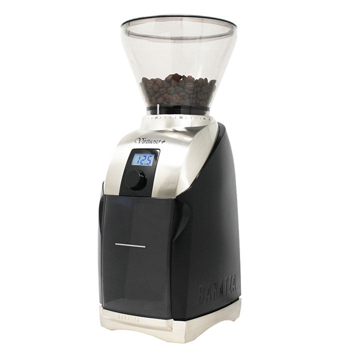 Black and silver coffee grinder with digital display on a white background