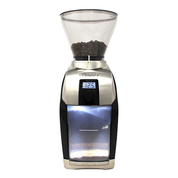 Coffee grinder with digital display and clear container on a white background