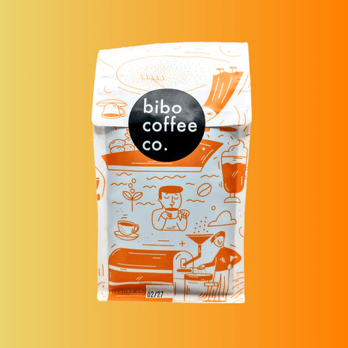 A 12oz bag of Bibo Coffee Co. fresh roasted coffee beans featuring white packaging with custom orange line-art illustrations of coffee brewing scenes and a black circular brand logo in the center.