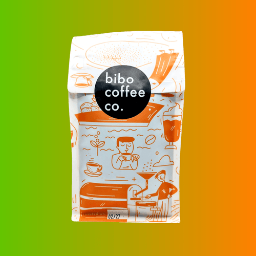 A 12oz bag of Bibo Coffee Co. fresh roasted coffee beans featuring white packaging with custom orange line-art illustrations of coffee brewing scenes and a black circular brand logo in the center.