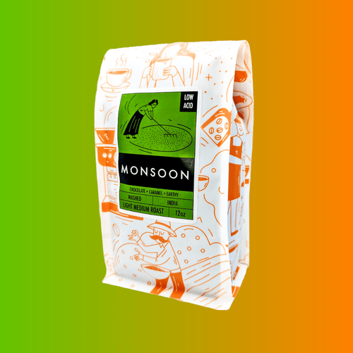Side view of a 12oz Bibo Coffee Co. bag showing a vibrant green label for 'Monsoon' light-medium roast coffee from India, noting low acid, a washed process, and tasting notes of chocolate, caramel, and earthy flavors.
