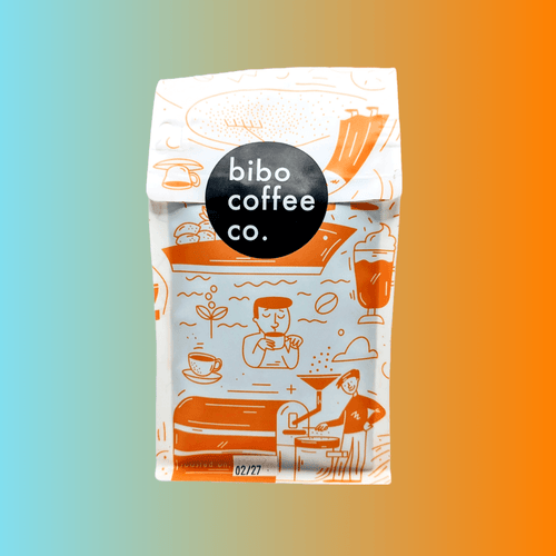 A 12oz bag of Bibo Coffee Co. fresh roasted coffee beans featuring white packaging with custom orange line-art illustrations of coffee brewing scenes and a black circular brand logo in the center.