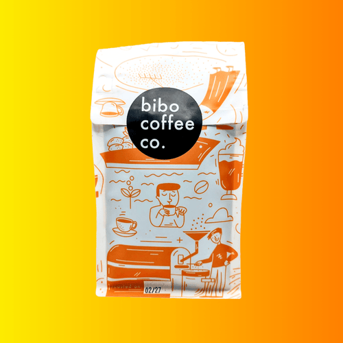 A 12oz bag of Bibo Coffee Co. fresh roasted coffee beans featuring white packaging with custom orange line-art illustrations of coffee brewing scenes and a black circular brand logo in the center.